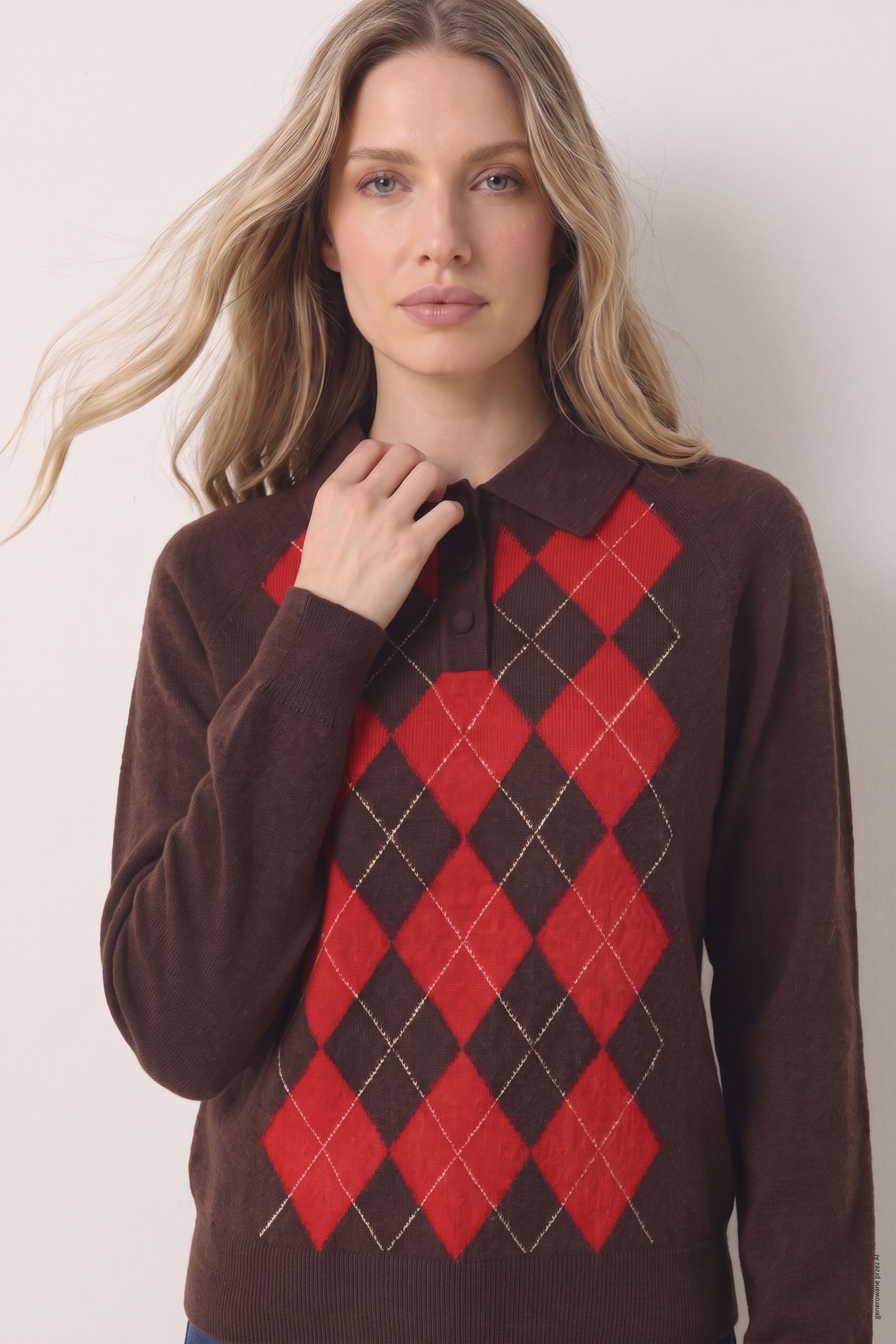 Czekoladowy sweter z nadrukiem w romby
