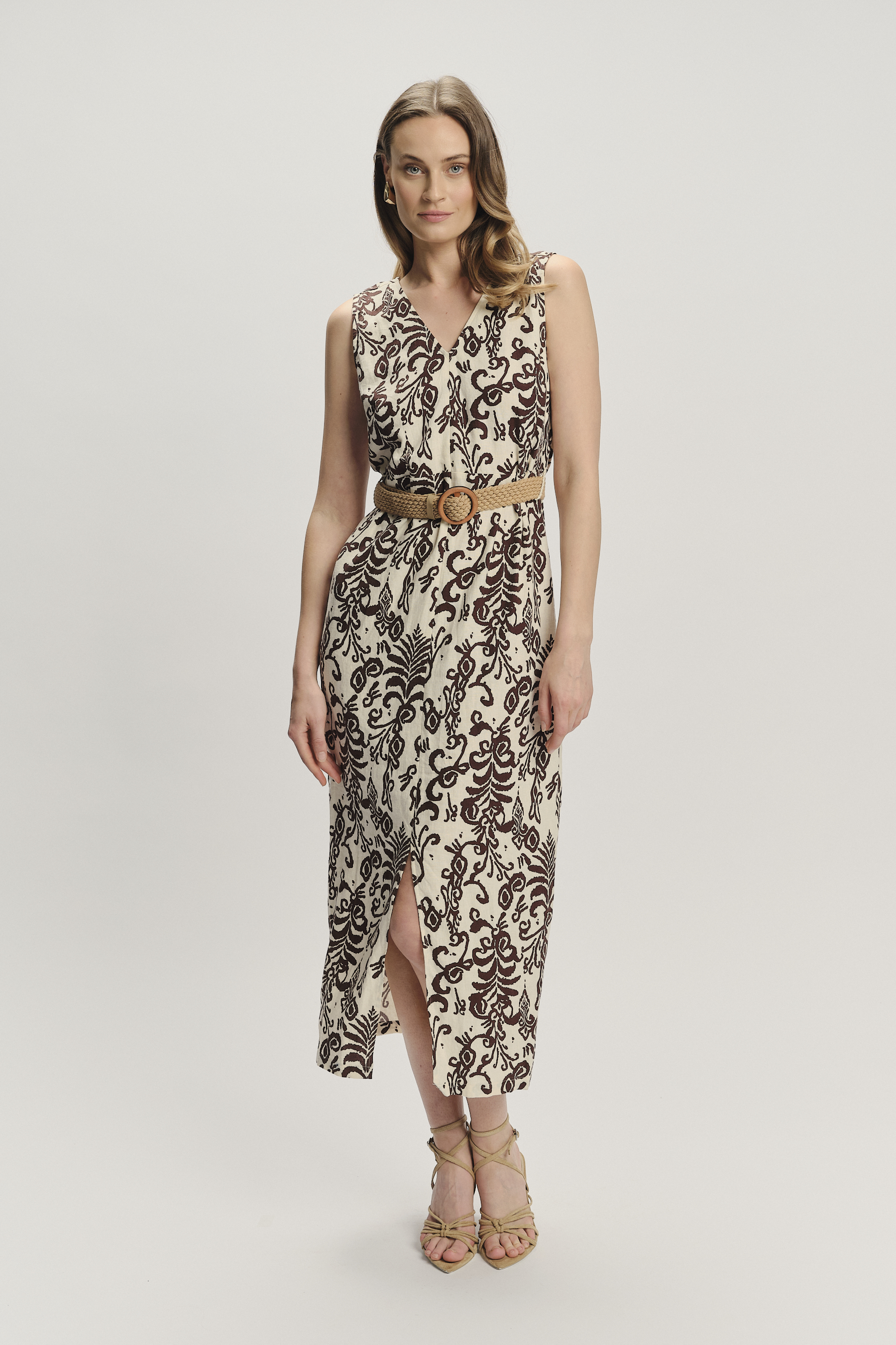 Lniano-wiskozowa sukienka midi wzór etno