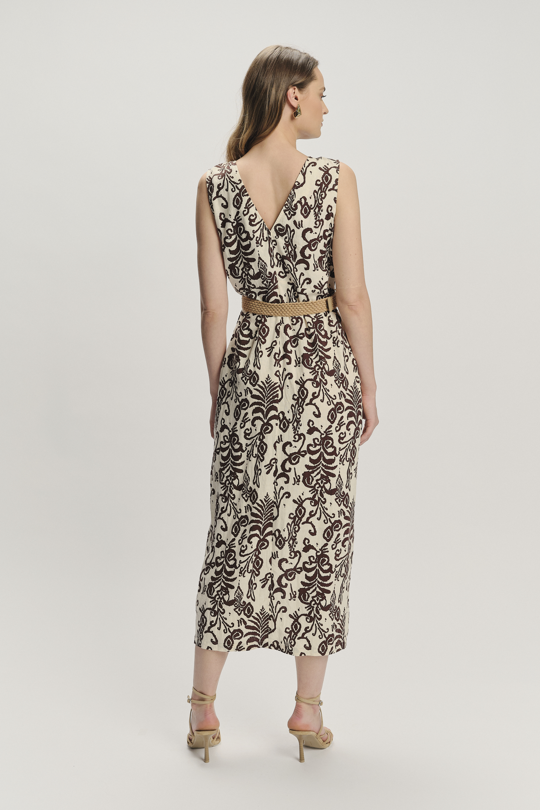 Lniano-wiskozowa sukienka midi wzór etno