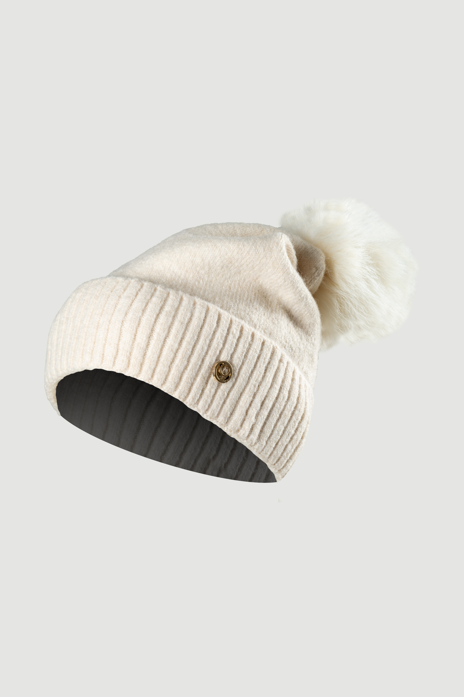 Ciepła kremowa czapka z białym pomponem