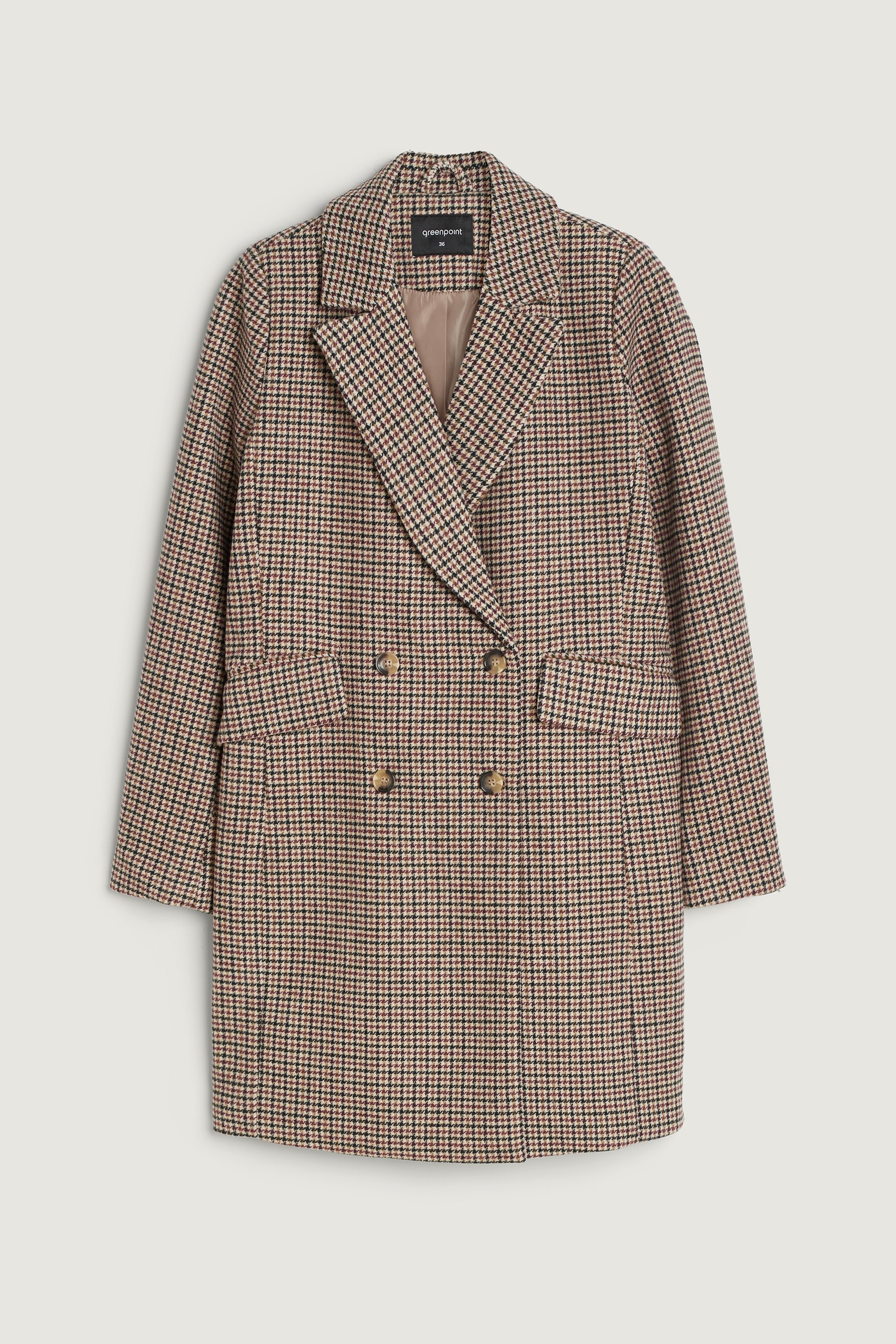 Elegancki dwurzędowy płaszcz w subtelną kratę