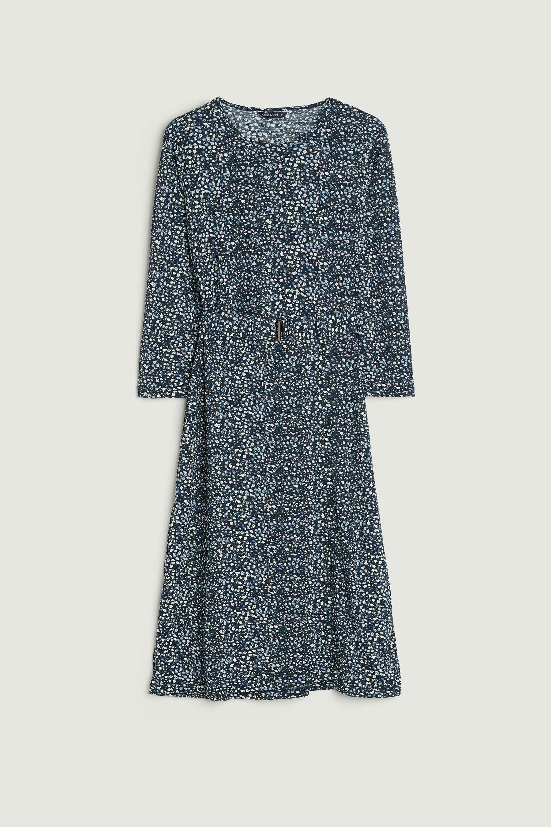 Dopasowana sukienka z paskiem w talii nadruk typu łączka