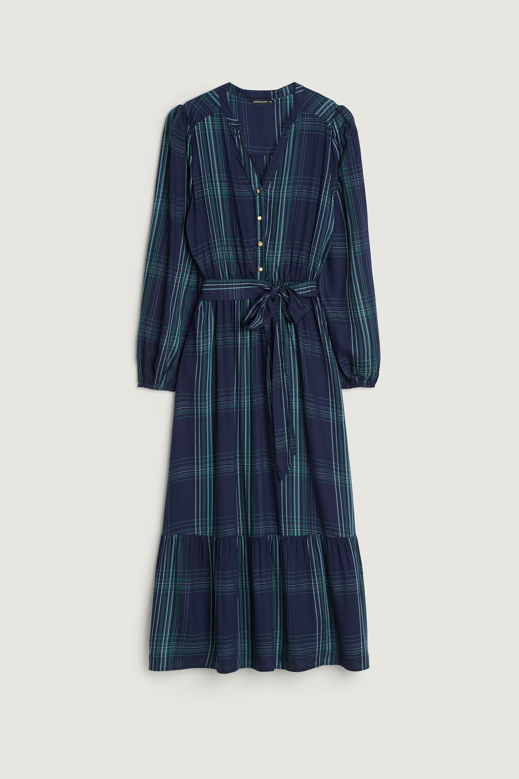 Długa granatowa sukienka w kratę