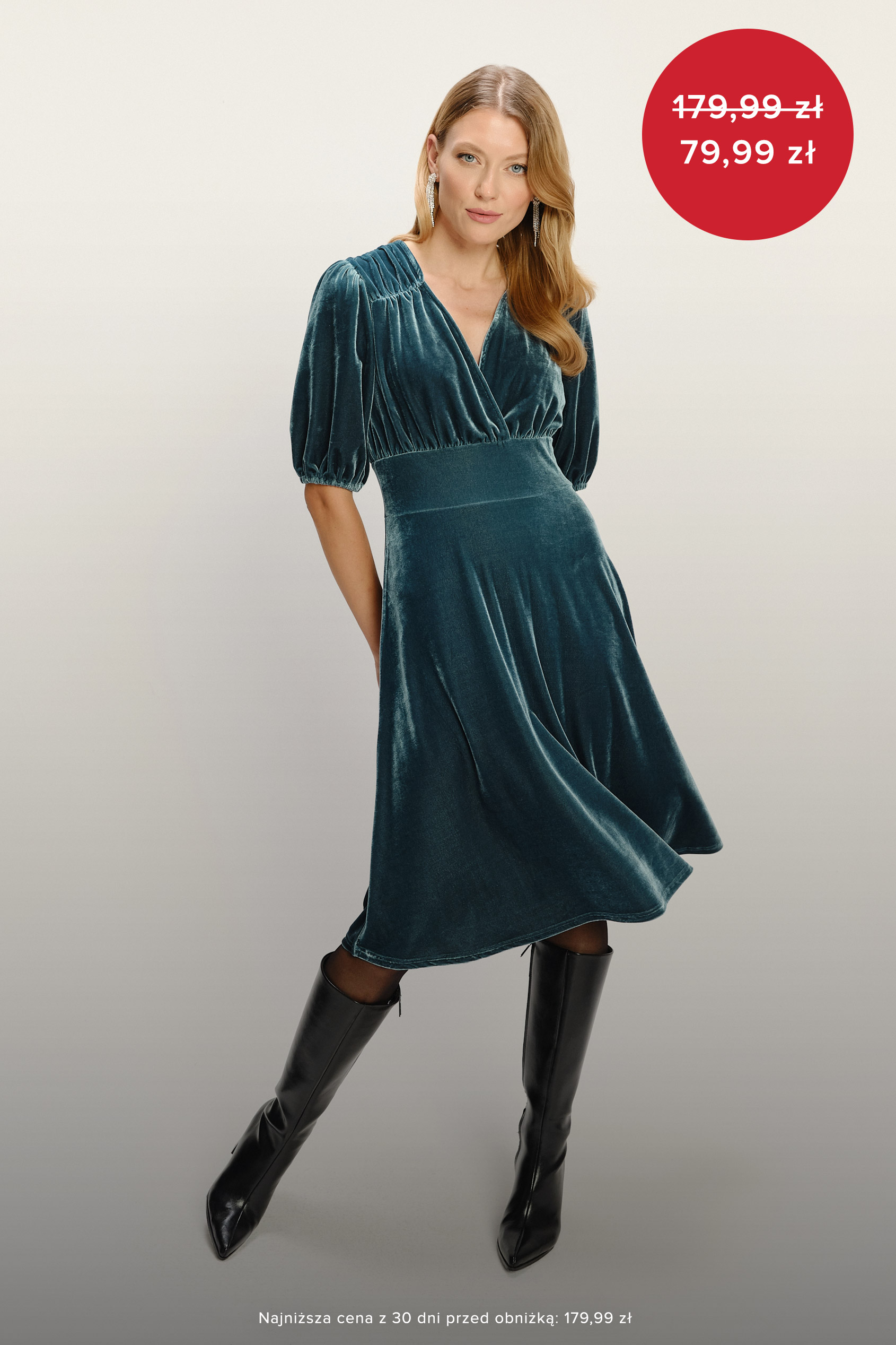 Ciemnoturkusowa sukienka midi z miękkiego weluru