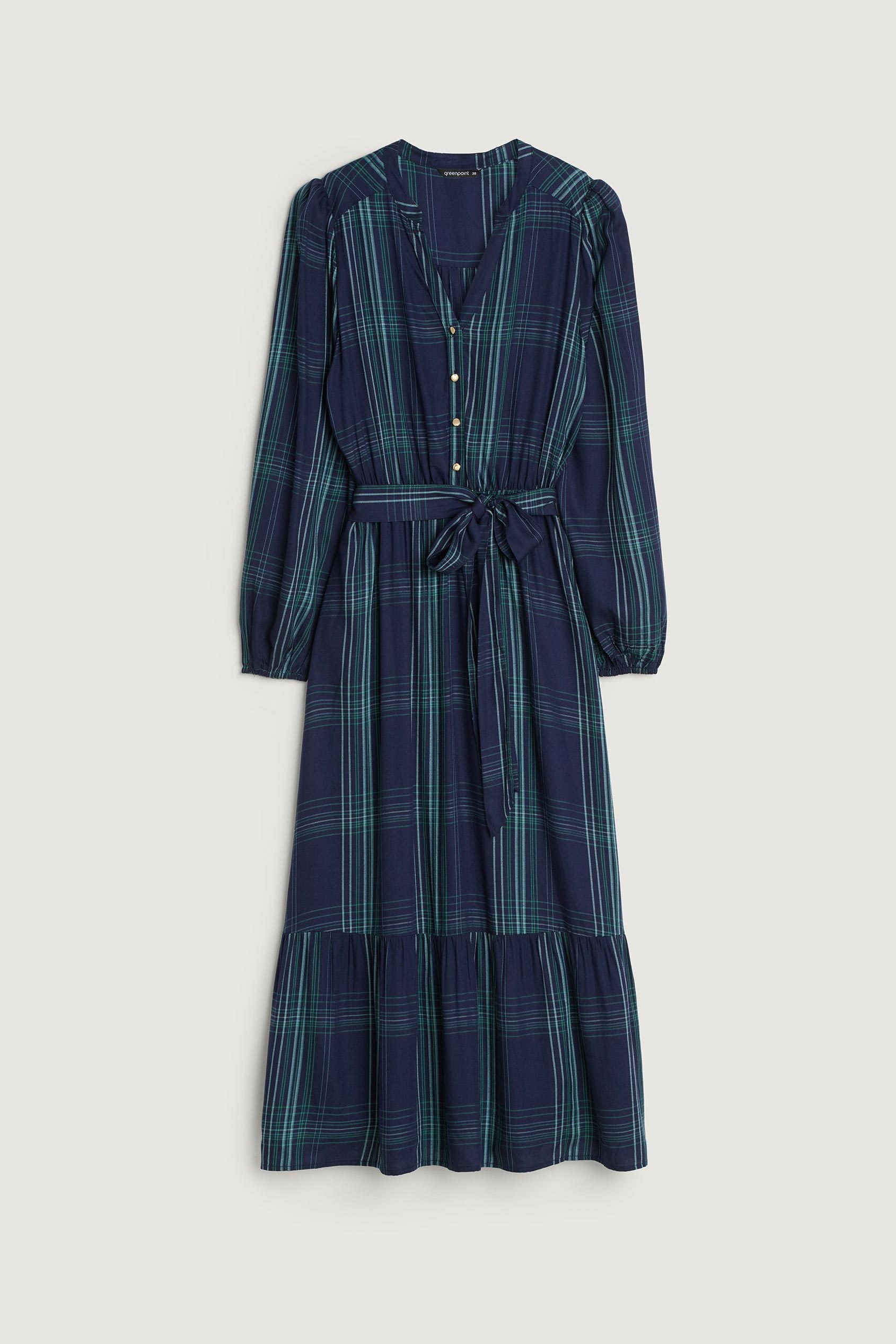 Długa granatowa sukienka w kratę