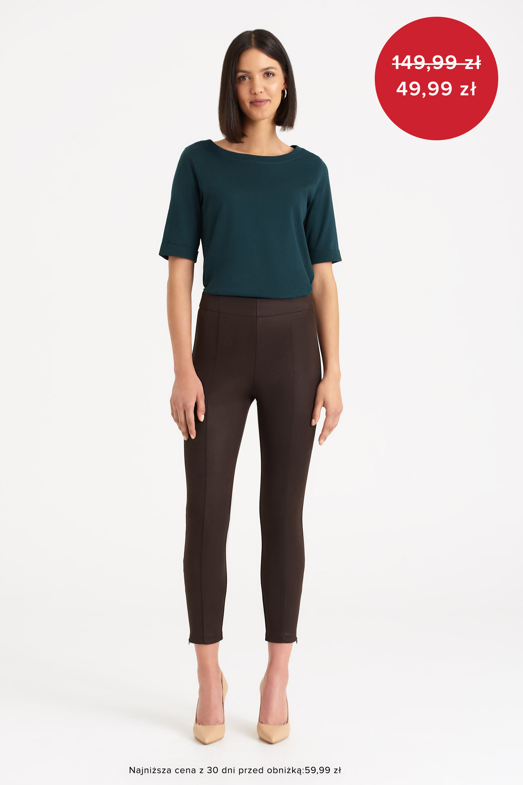 Stylowe legginsy z ozdobnymi zamkami, ciemny brąz