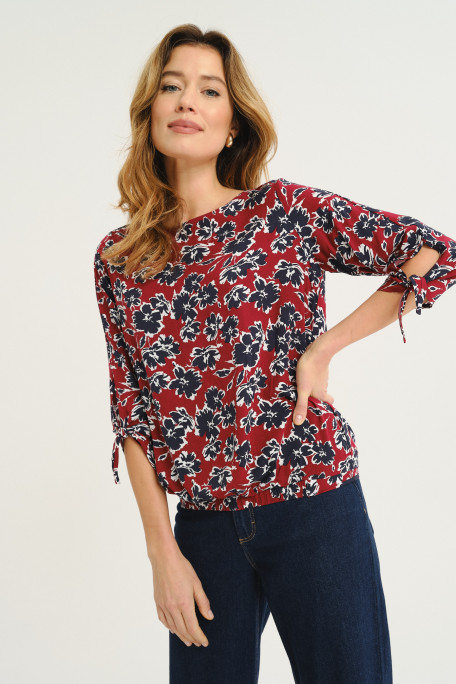 Ciemnoczerwona bluzka w czarne kwiaty rękaw 3/4