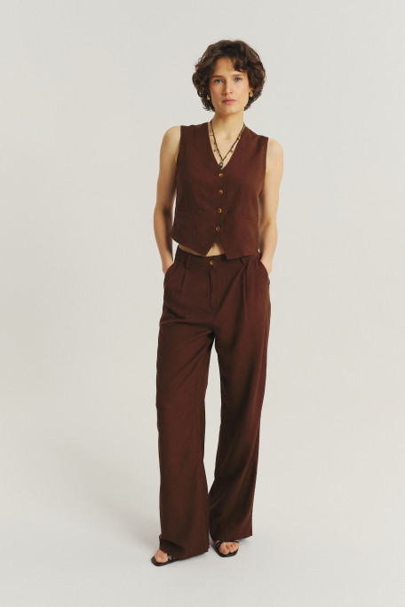 Szerokie lniano-wiskozowe spodnie w brązowym kolorze