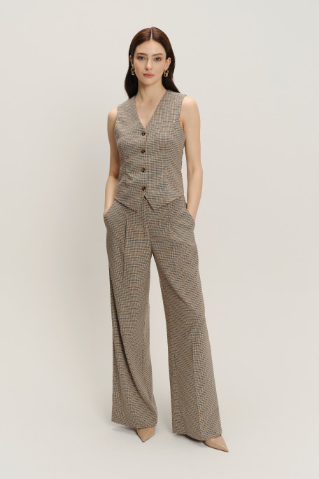 Eleganckie beżowe spodnie wide leg nadruk w kratkę