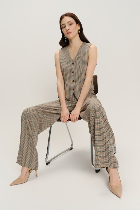 Eleganckie beżowe spodnie wide leg nadruk w kratkę