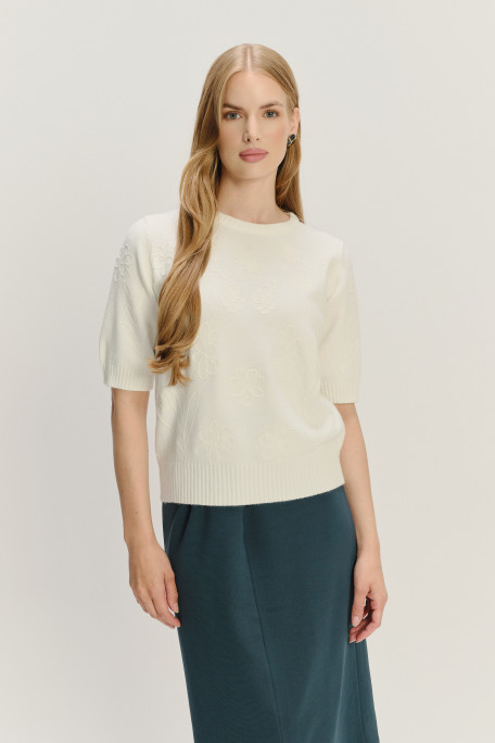 Sweter z krótkim rękawem z dodatkiem wiskozy kremowy