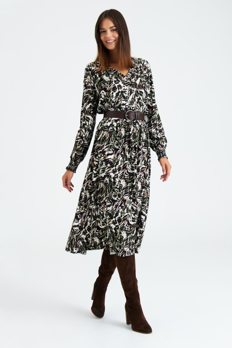 Elegancka sukienka z marszczeniem, czarno-zielony nadruk