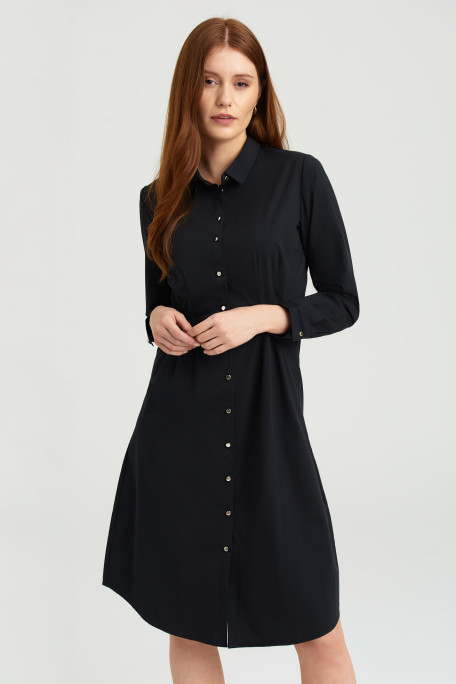 Bawełniana, czarna sukienka z zakładkami w talii