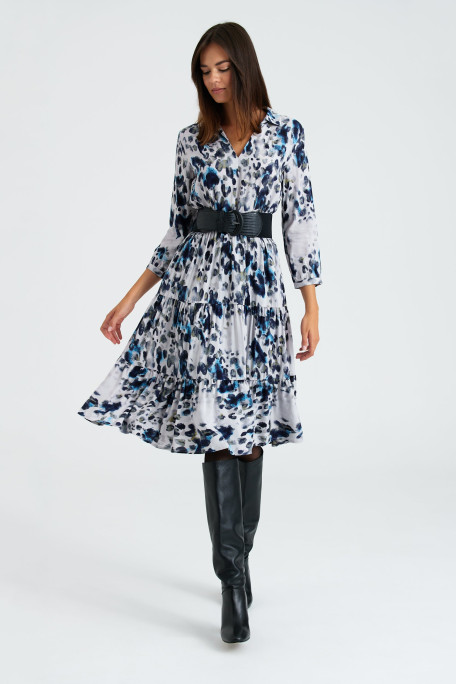 Wiskozowa, rozkloszowana sukienka z szaro-niebieskim printem