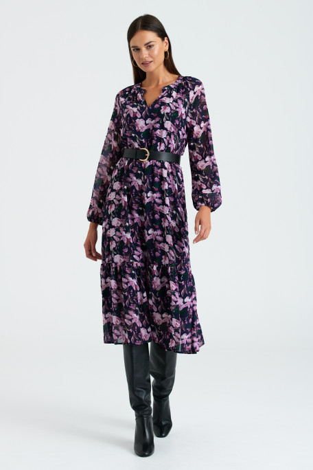 Sukienka midi z nadrukiem w fioletowo-różowe kwiaty