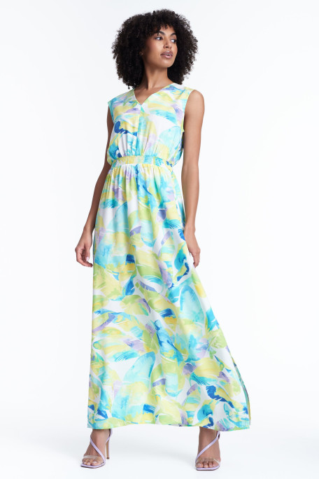 Długa sukienka w limonkowo-błękitne liście