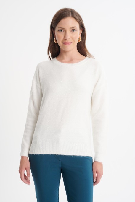 Kremowy sweter z cekinową aplikacją