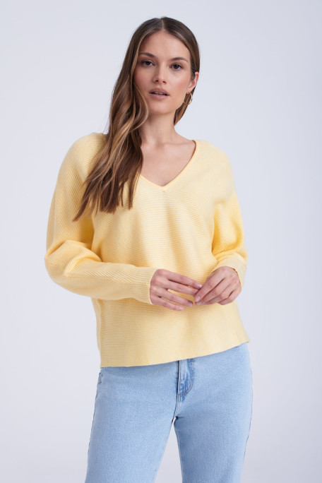 Sweter z prążkowanej dzianiny, żółty