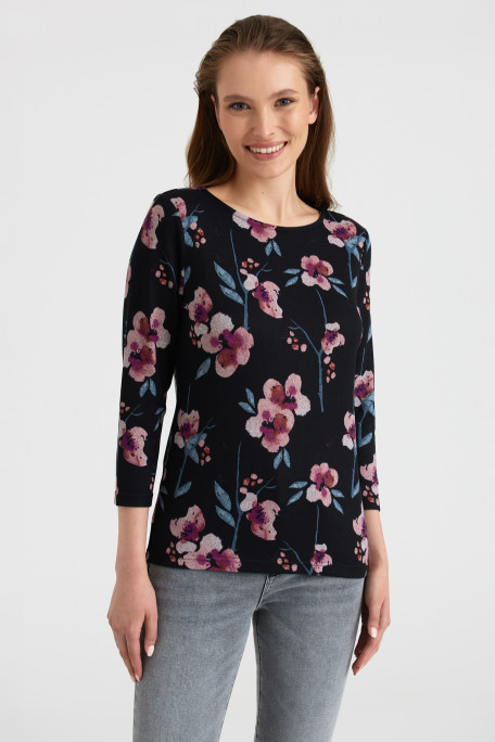 Klasyczny sweter z rękawem 3/4, nadruk w różowe kwiaty