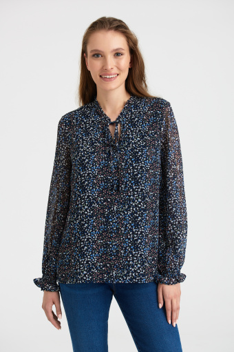 Romantyczna bluzka z luźnymi rękawami, nadruk w błękitne kwiaty