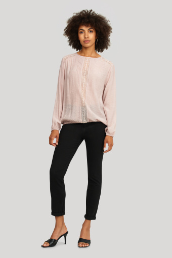 Elegancka bluzka z ozdobną, koronkową wstawką, jasny róż