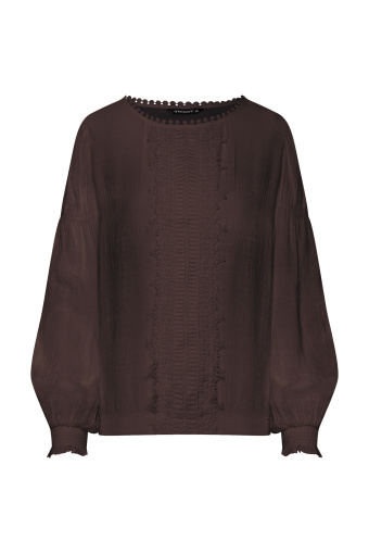 Ciemnobrązowa bluzka z subtelną koronką