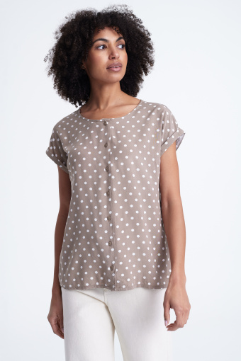 Beżowa bluzka w groszki, krótki rękaw