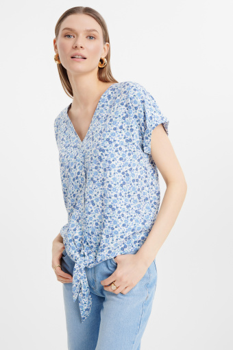 Bluzka z wiązaniem nadruk w kwiaty Bluzka z wiązaniem nadruk w kwiaty