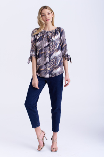 Bluzka z dekoltem carmen w zwięrzęcy wzór