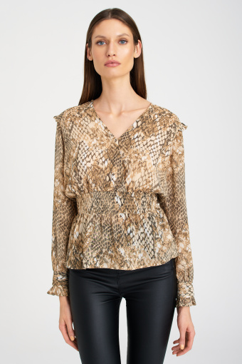 Elegancka, beżowa bluzka z nadrukiem z motywem skóry węża
