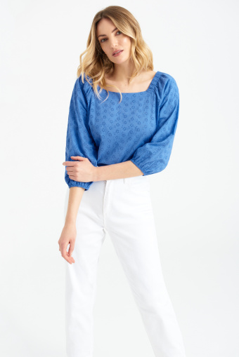 Niebieska, ażurowa bluzka hiszpanka