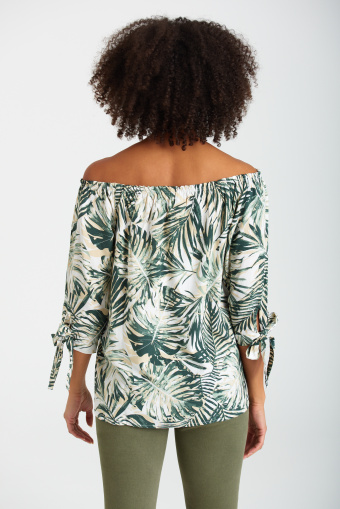 Luźna bluzka hiszpanka z tropikalnym nadrukiem
