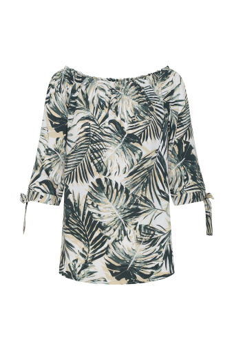 Luźna bluzka hiszpanka z tropikalnym nadrukiem