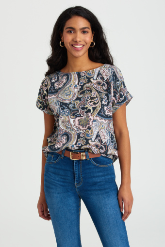 Bluzka z wiązaniem u dołu i nadrukiem typu paisley