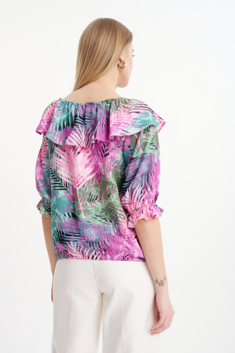 Bluzka hiszpanka z nadrukiem tropic różowo-zielona