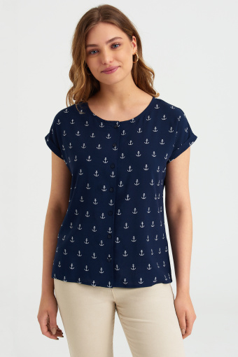 Granatowa bluzka z nadrukiem w kotwice, krótki rękaw