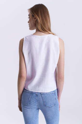 Biała, lniano-wiskozowa bluzka z wiązaniem