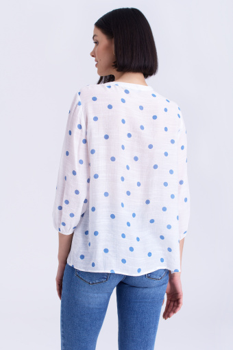 Biała bluzka w niebieskie kropki, rękaw 3/4