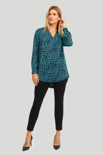 Wiskozowa tunika z kołnierzykiem, roślinny nadruk