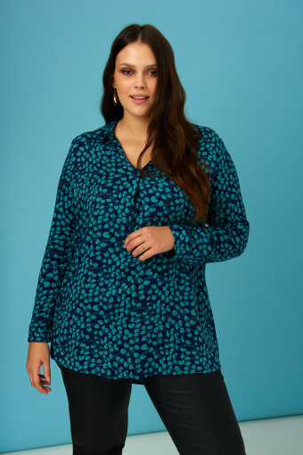 Wiskozowa tunika z kołnierzykiem, roślinny nadruk