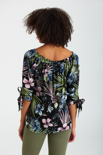 Czarna bluzka z nadrukiem i wiązaniami przy rękawach