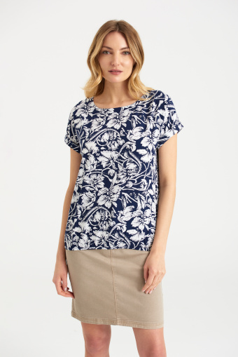 Luźna bluzka z nadrukiem w kwiaty, krótki rękaw