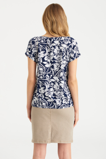 Luźna bluzka z nadrukiem w kwiaty, krótki rękaw