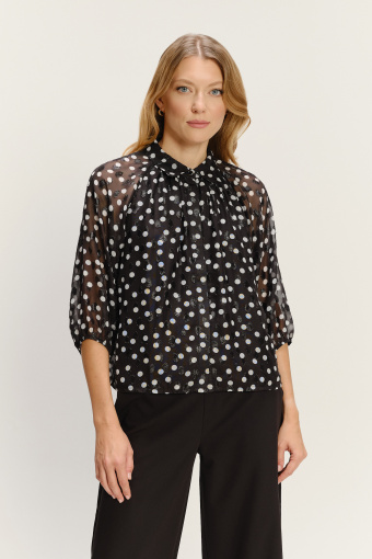 Efektowna czarna bluzka w kropki z rękawami do łokcia