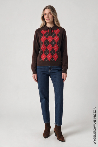 Czekoladowy sweter w romby z domieszką wełny