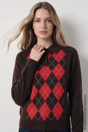 Czekoladowy sweter w romby z domieszką wełny