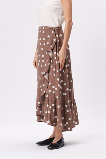 Brązowa spódnica midi z nadrukiem w białe groszki