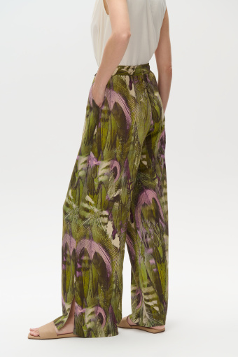 Szerokie zielone spodnie wzór tropic