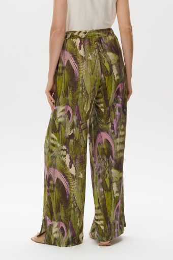 Szerokie zielone spodnie wzór tropic