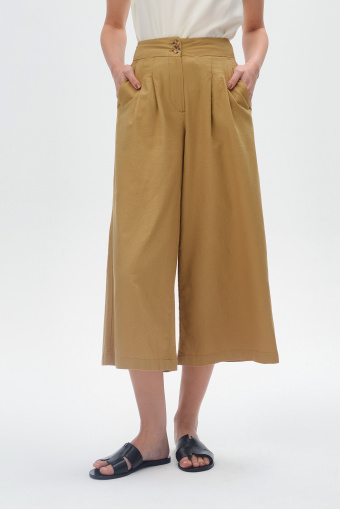 Oliwkowe spodnie wiskozowo-lniane typu culotte 
